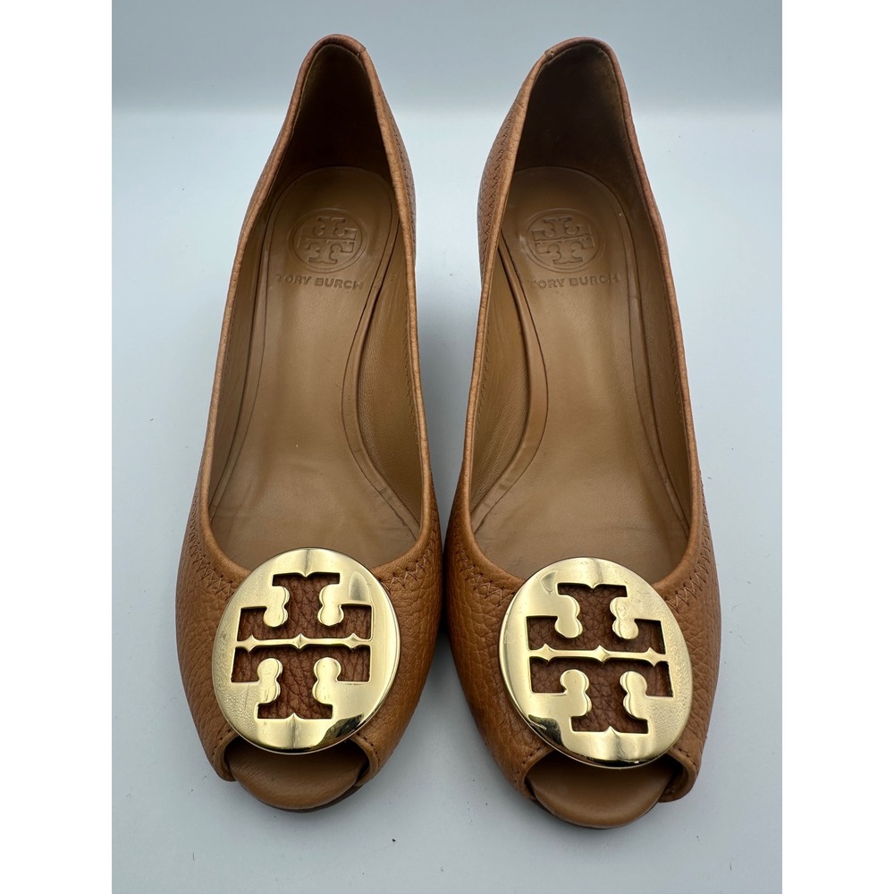 Tory Burch Sally Gold Peep Toe Wedge Heels Shoes Royal Tan‎ Leather 6.5 Designer